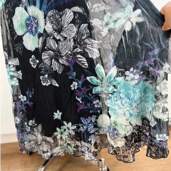 Komarov Sheer Pleated Long Sleeve Tiered Dress Watercolor Floral Green Black